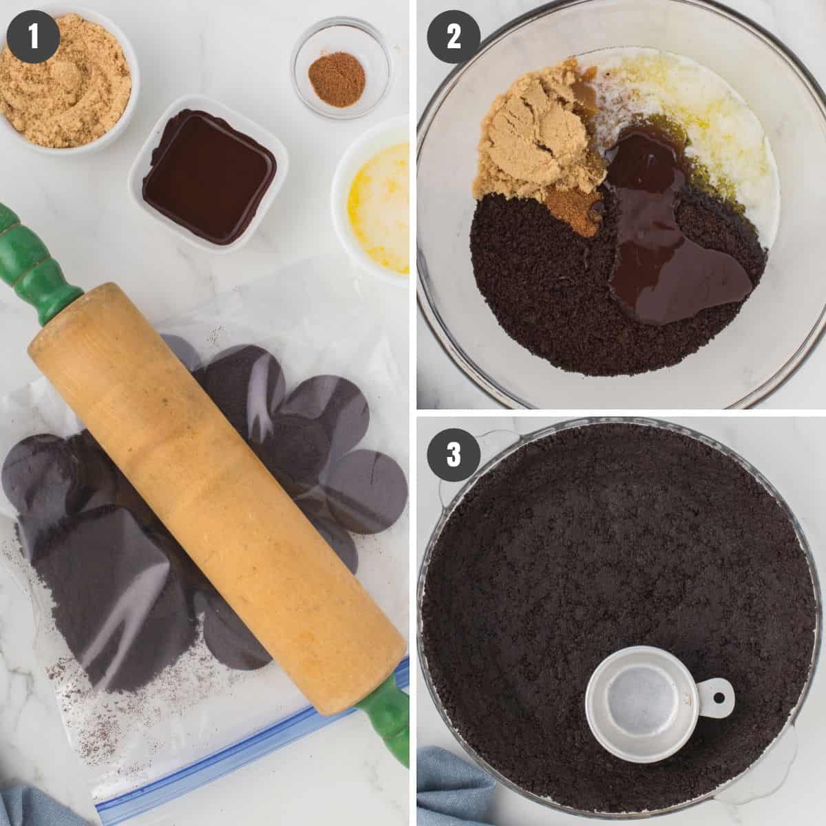 3-step instructions showing how to crush up the Oreo chocolate sandwich cookies and then how to mix up the Oreo cookie crust for peanut butter pie