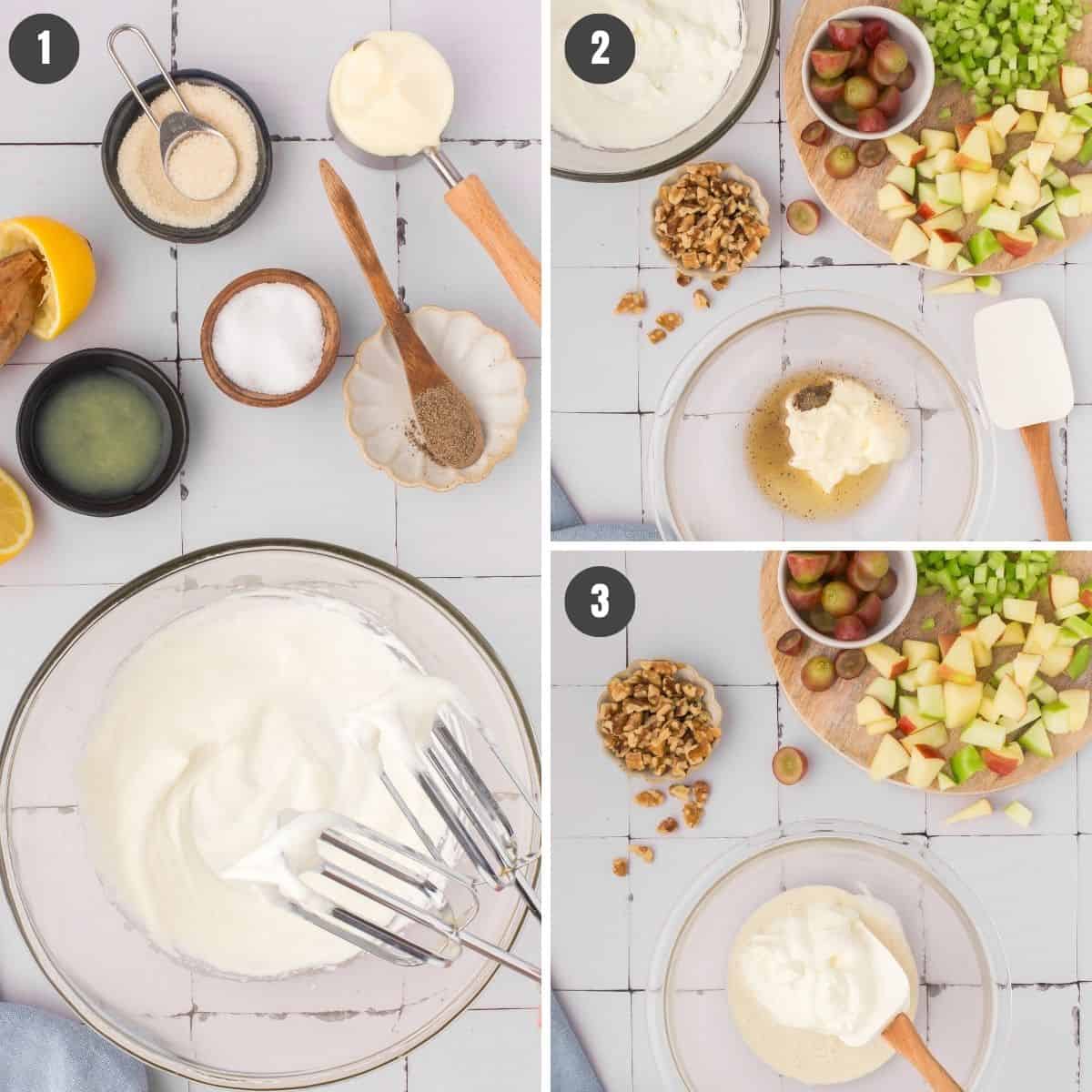 3-step instructions photo showing how to make the creamy Waldorf salad dressing recipe